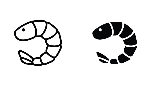 Shrimp vector icon isolated on white Black and white outline line art and solid glyph silhouette