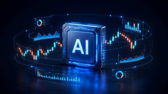 3D artificial intelligence processor surrounded by floating financial stock market charts and data analytics dashboards in dark blue space