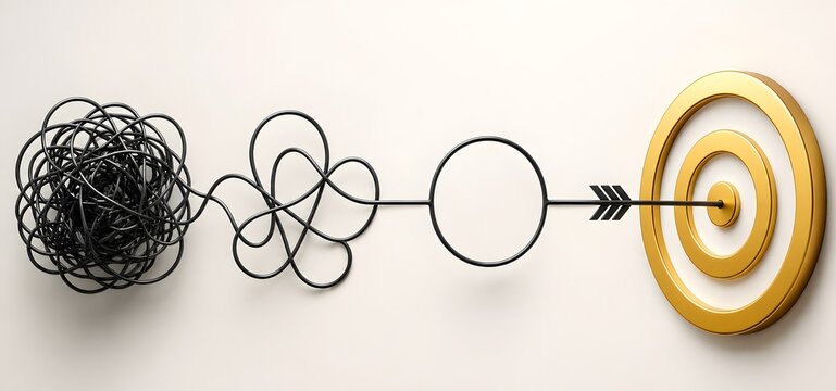3D illustration of tangled black wire transforming into a straight arrow hitting a golden target bullseye representing business problem solving and achieving goals