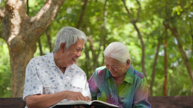 Senior Asian couple sharing loving moments and reminiscing memories together in park. Elderly retirement lifestyle, golden years companionship, and peaceful relationship concept.