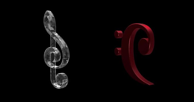 Treble clef and bass clef on black background and chromakey. 3 d animation