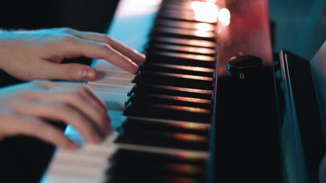Pianist playing classical music on keyboard in dim light. Musician hands performing melody on piano keys. Creative art hobby and sound recording studio concept.