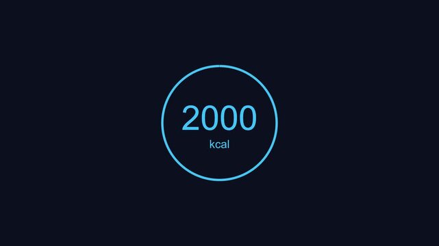2000 kcal daily calorie intake progress circle animation on dark 4k background, calories nutrition diet