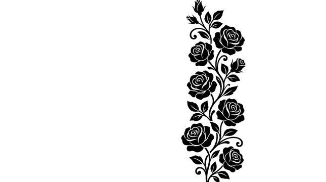 Elegant black rose vine graphic design with swirling leaves on a white background, perfect for decorative borders or floral accents.