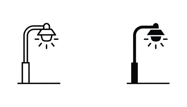 Street lamp vector icon isolated on white Black and white outline line art and solid glyph silhouette