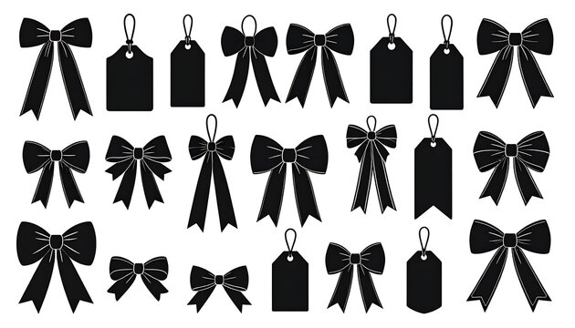 Set of black bow ties and gift tags, festive decoration elements, isolated on white background for celebration and gift wrapping design