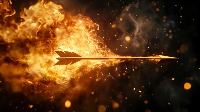 Flaming arrow in flight, fiery projectile, burning arrowhead.