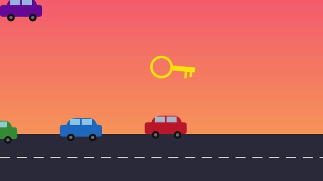 Colorful cars driving on road with floating golden key animation for business success and travel concepts 4k