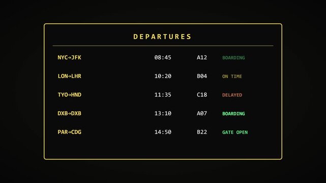 Digital airport departure board display with flight status updates, boarding and delayed information for international travel animation 4k