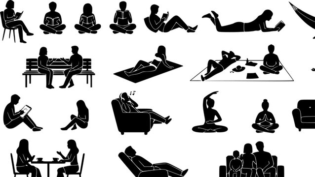 Set of silhouettes of resting people. Vector set. People spend their leisure time.