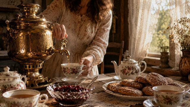 Russian family tea time with jam and pryaniki on wooden table, warm authentic gathering