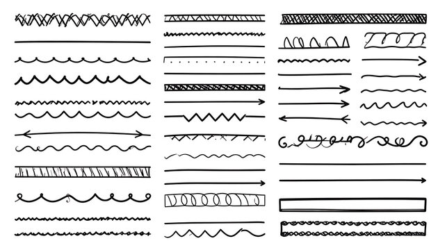Set of hand-drawn line borders and dividers, including wavy, zigzag, dotted, and arrow styles for design elements.