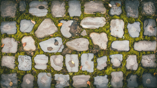 Cobblestone path with green moss. Old stone pavement texture for architectural background.