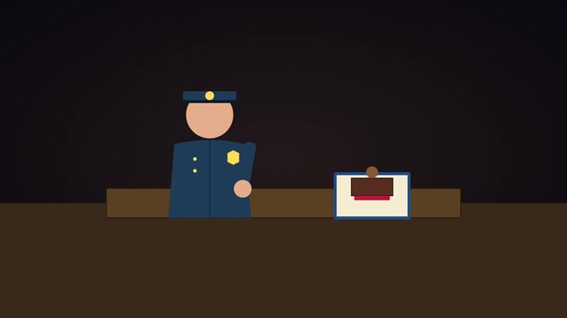 Minimalist 2D animation of customs officer at border control, security official stamping passport document, immigration and travel concept