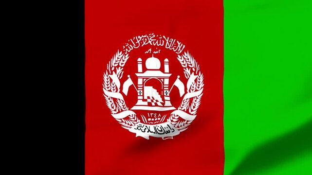 Afghanistan flag with national emblem on red background