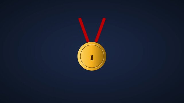 Gold medal with number one and red ribbon, first place winner award on dark blue background, championship victory symbol for sports and business
