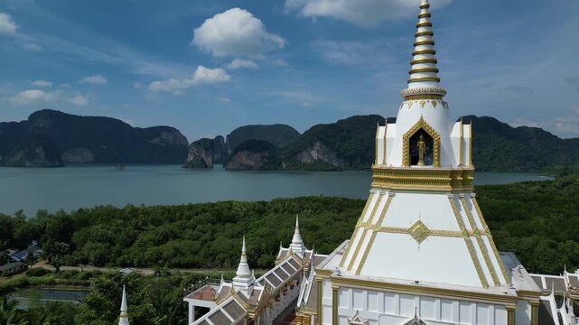 Aerial View of Wat Mahathat Laem Sak Temple in Phang Nga Bay, Krabi, Thailand