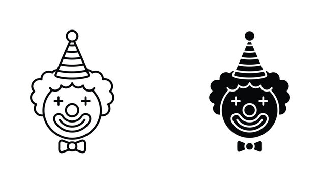 Clown vector icon isolated on white Black and white outline line art and solid glyph silhouette