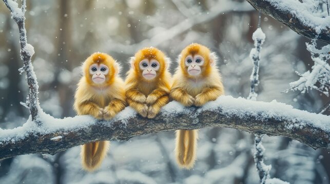 Three adorable golden monkeys sitting on a snow-covered branch in a winter forest.