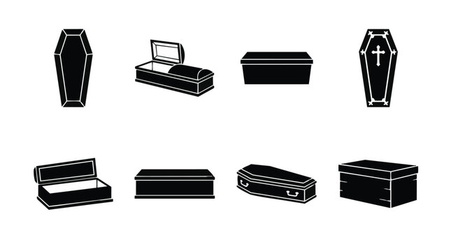 Black and white coffin and casket vector icons set for Halloween and funeral designs.