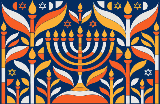A stylized menorah illustration featuring geometric floral patterns and stars of David