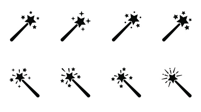 Black magic wand icons set with stars and sparkles for Halloween and fantasy designs.