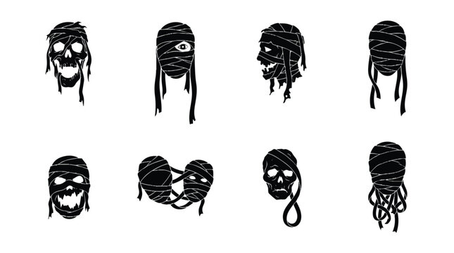 Halloween mummy skull and head vector illustrations set in black silhouette style.