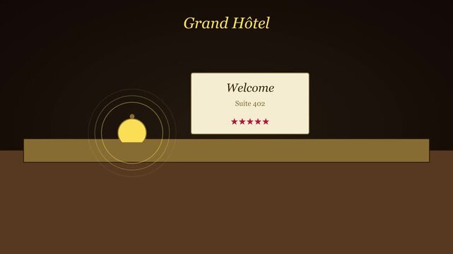 Grand h&ocirc;tel welcome suite 402 luxury hotel notification animation with five star rating 4k