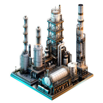 Chemical plant, oil refinery, petrochemical processing facility with distillation columns, reactors, storage tanks and pipelines. Industrial manufacturing, energy infrastructure, isometric 3D image