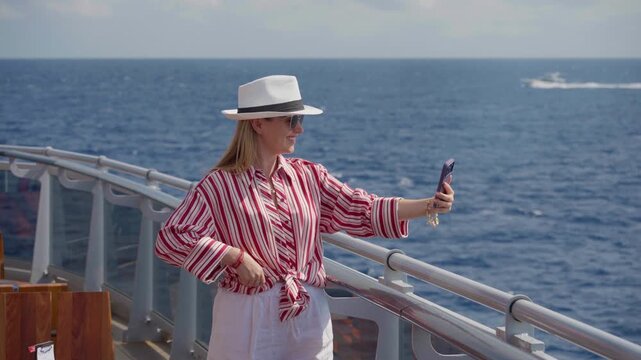 Girl enjoys cruise somewhere in the ocean while taking selfies on ship deck. Blonde woman in white hat and striped blouse poses with smartphone against blue sea horizon and passing boats on sunny day.
