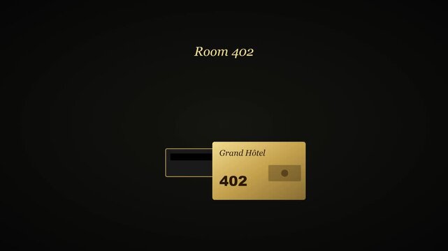 Hotel room 402 key card access animation: electronic door lock system and digital check-in concept 4k