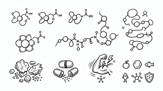 Set of hand drawn chelated minerals. Doodle drawings of abstract atomic bonds, clean amino acid chains, magnesium flakes, zinc capsules, muscle energy icons, vitamin shapes, no text, white