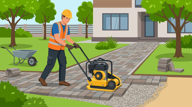 Construction worker compacting pavers with a vibratory plate compactor for a new pathway next to a modern house