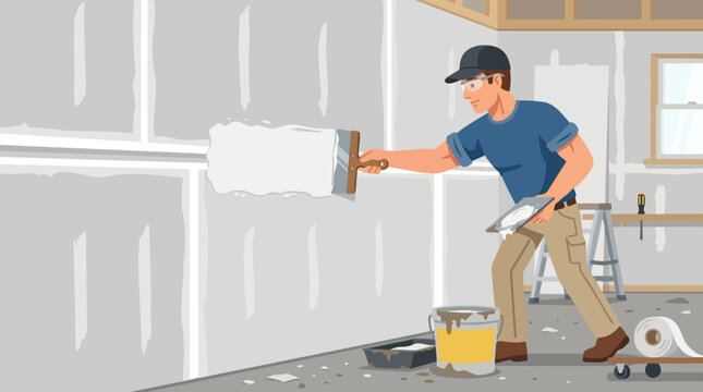 Construction worker applying joint compound to drywall seams with a trowel and putty knife