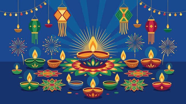 Bright glowing oil lamps celebrate the traditional Indian festival of Diwali