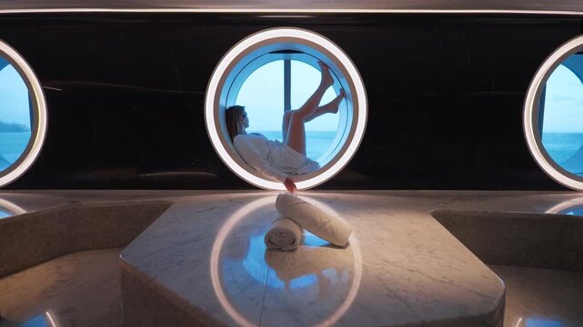 Spa on cruise ship features woman in white robe lounging in circular porthole window with ocean view. Luxurious marble interior with LED lighting creates serene atmosphere for wellness and relaxation.