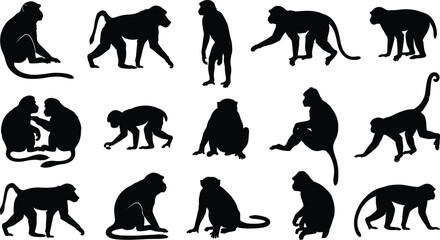 Collection of various black monkey and primate silhouette icons in different poses for wildlife and zoo branding © MstShapla