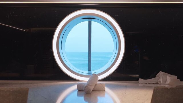 Luxurious cruise ship spa bathroom featuring large circular porthole window with LED ring lighting, black marble walls, marble countertop with rolled white towels, and serene ocean horizon view.