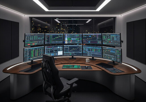 Professional trading desk with multiple monitors and charts