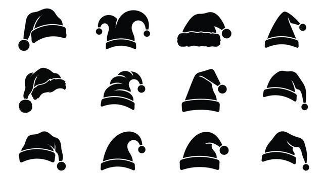 Black silhouette icons of Santa Claus and Christmas hats for winter holiday design.