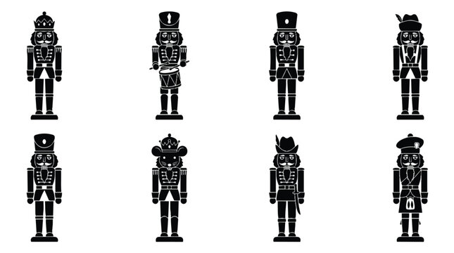 Black silhouette icons of traditional Christmas nutcracker soldiers set.
