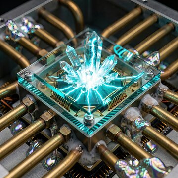 Quantum computer core emitting cyan plasma arc