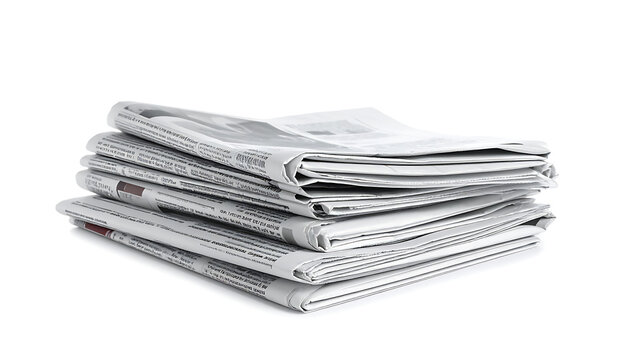 Stack of folded newspapers, printed pages showing text and headlines on a clean white background, information and news media concept