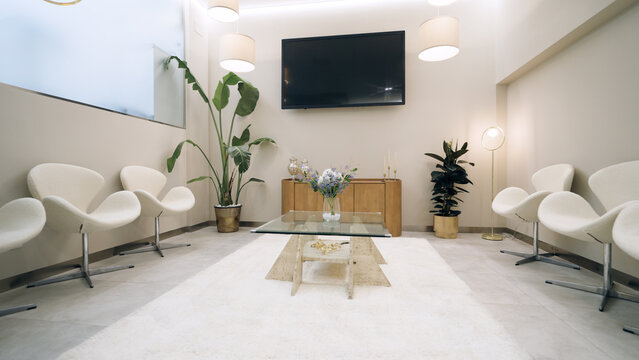 Modern waiting room interior in a cosmetic clinic or medical spa, featuring contemporary design elements, comfortable seating, and plants