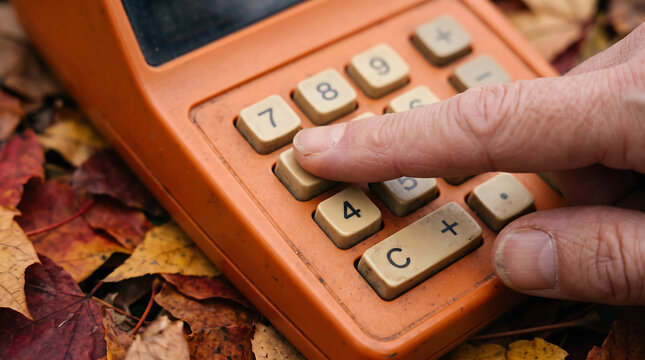 Close-up of a human hand using an old retro orange electronic calculator keypad, outdoors resting on a bed of colorful autumn fallen leaves in a park, calculator