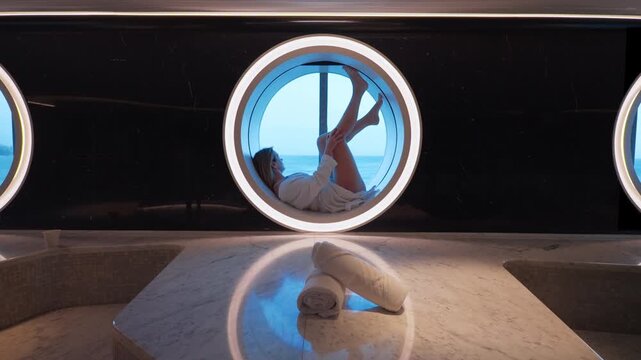 Woman wearing white bathrobe lounges gracefully inside illuminated circular porthole window aboard luxury yacht spa, legs raised against glass, marble table with rolled towels in foreground.