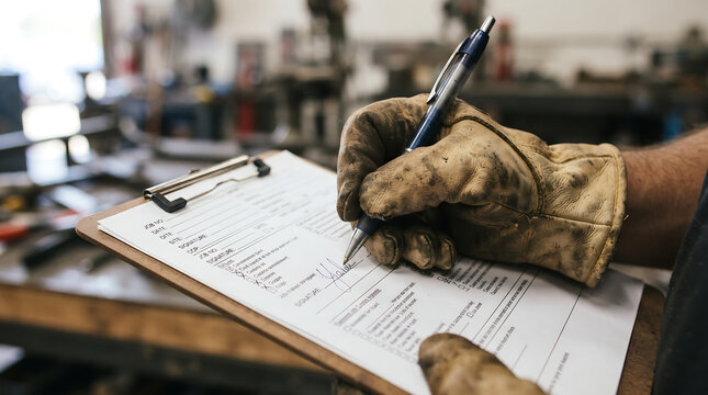 Detail of gloved hand signing work completion form titled J Miller on wooden workbench in carpentry shop featuring date 10 26 23 and task status checkboxes for project.