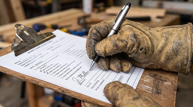 Worker in dirty leather gloves signing service completion form on clipboard at messy industrial workshop or garage background during professional equipment inspection.