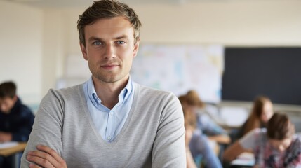 Fototapeta premium Young man stands in classroom with students working at desks in background during school hours
