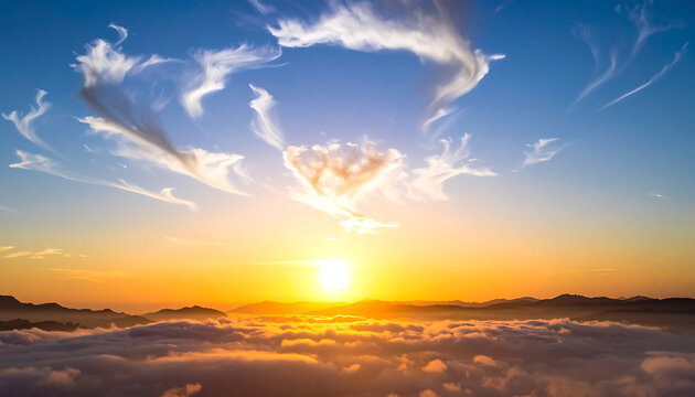 Sunrise over a misty city, golden sun rays breaking through clouds, dawn sky with wispy cirrus clouds, serene morning atmosphere
